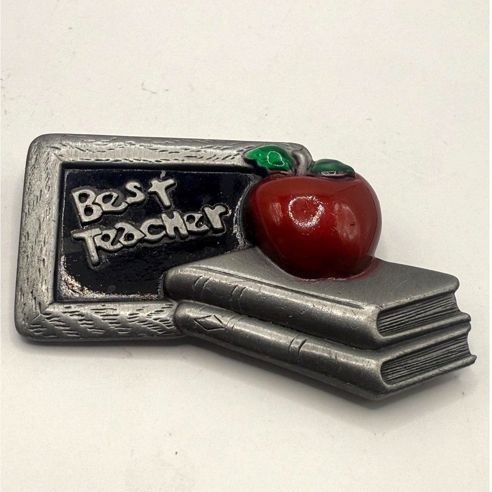 JC Best Teacher Brooch Apple Books Pewter Vintage Teacher Pin